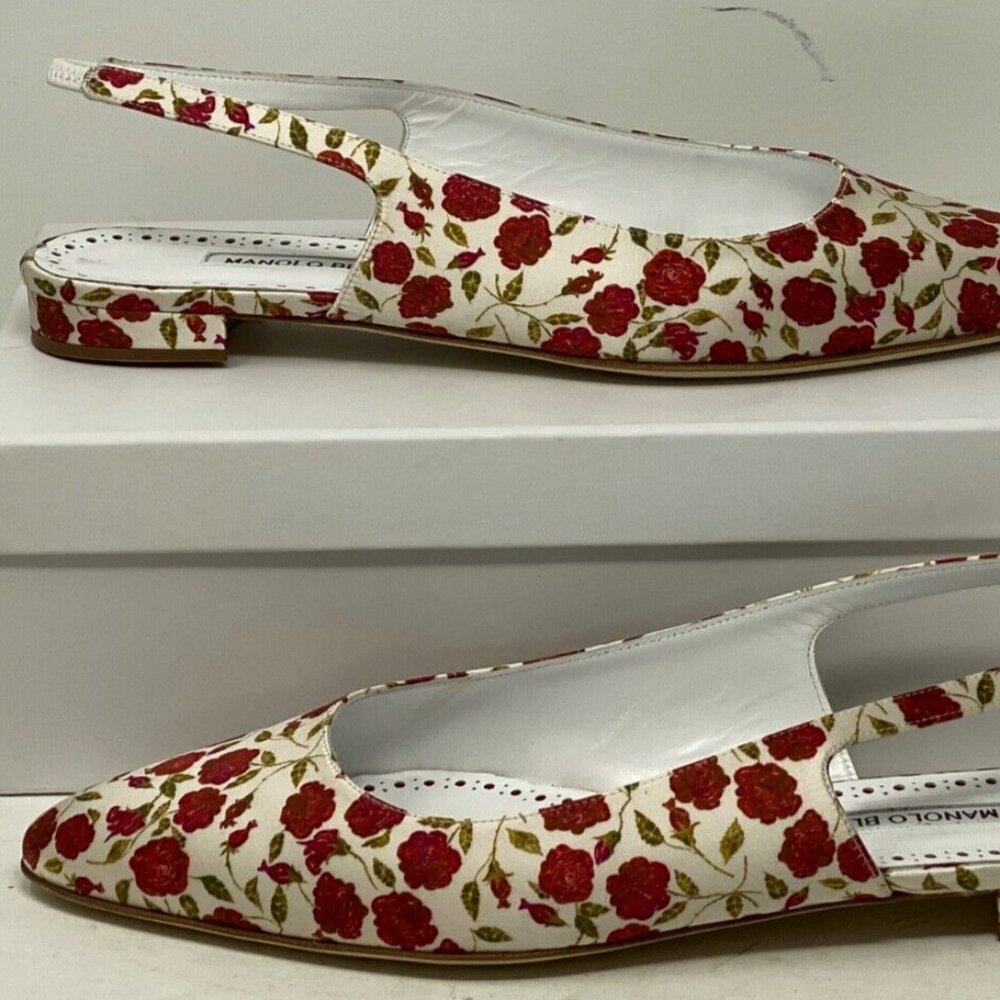 Manolo Blahnik SAWRA Satin Slingback Flats Pumps 39 EU / 9 US Floral Red